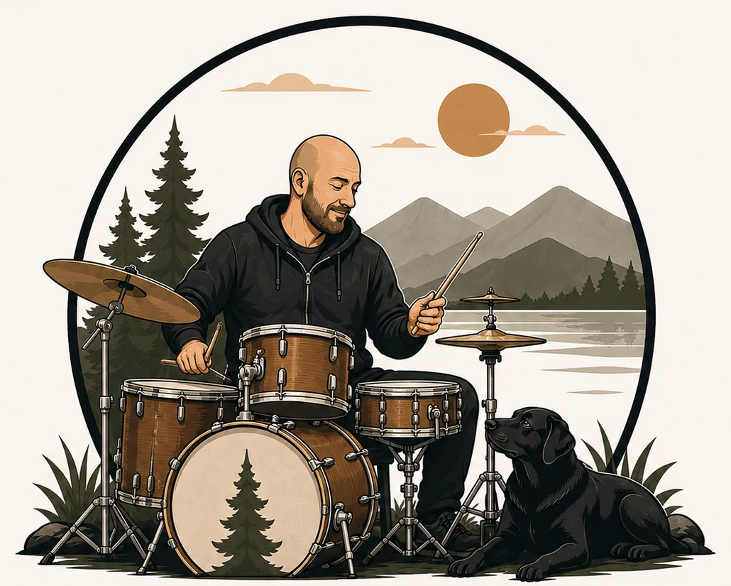 Illustration of Gabe playing drums by a lake at sunset, with his black lab Kylo lying beside the kit
