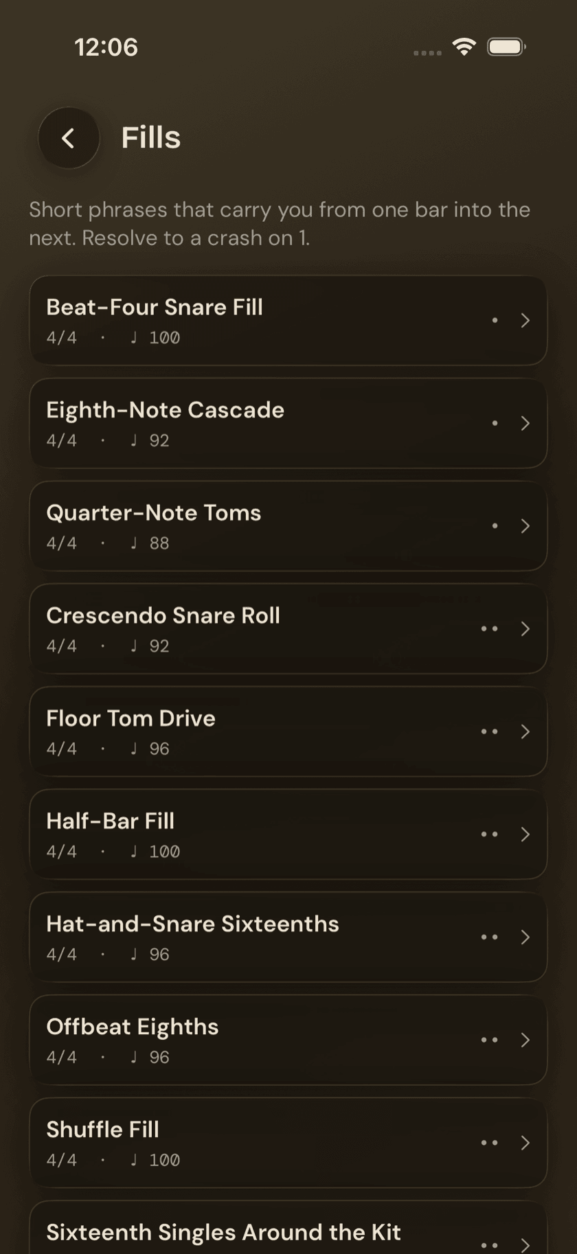 Fills tab, list view