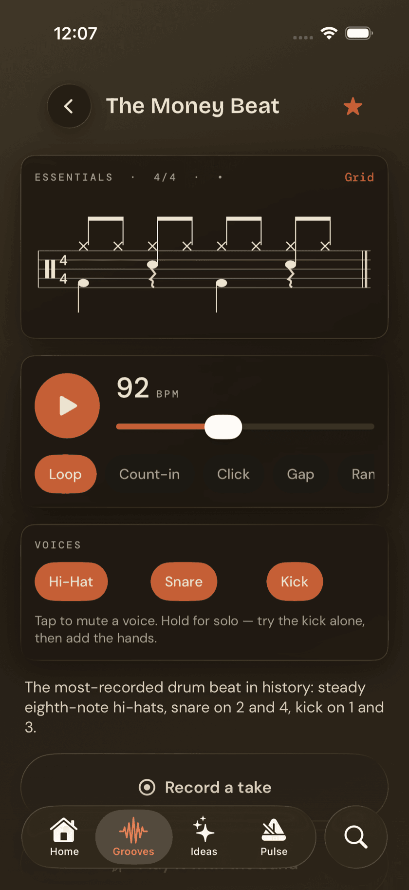 Groove detail page showing standard notation with the playhead