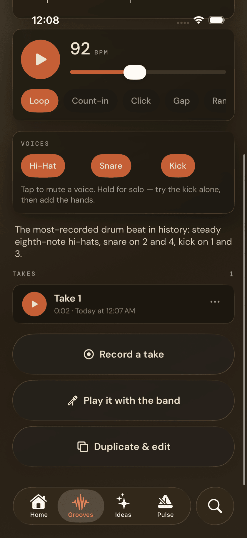 The takes list for a groove