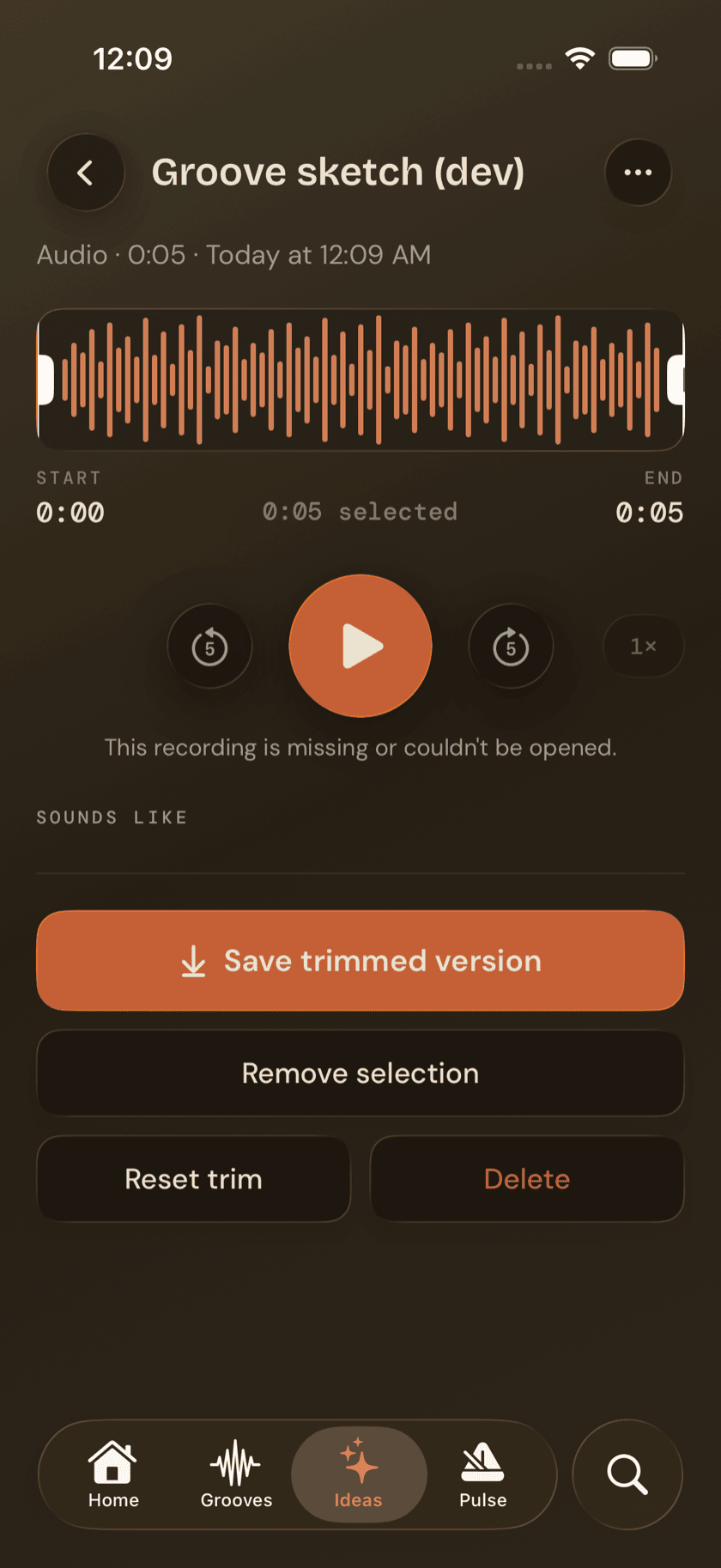 Idea detail view, audio idea, waveform trim and empty Sounds like section