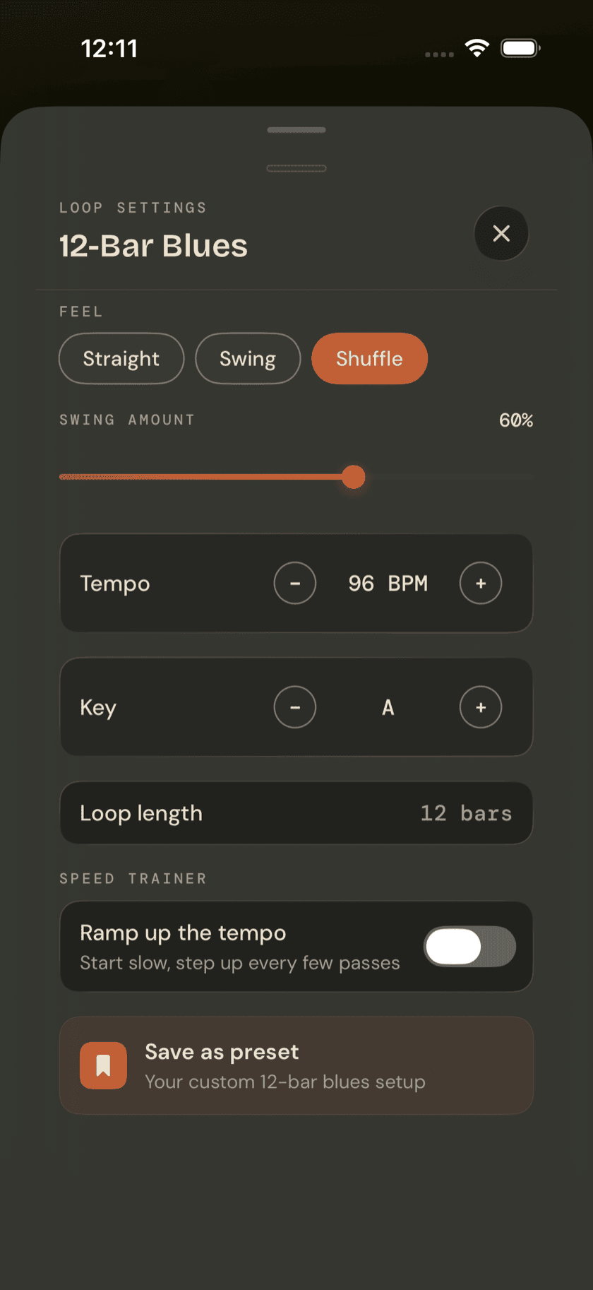 Loop's settings sheet — feel/swing and speed trainer