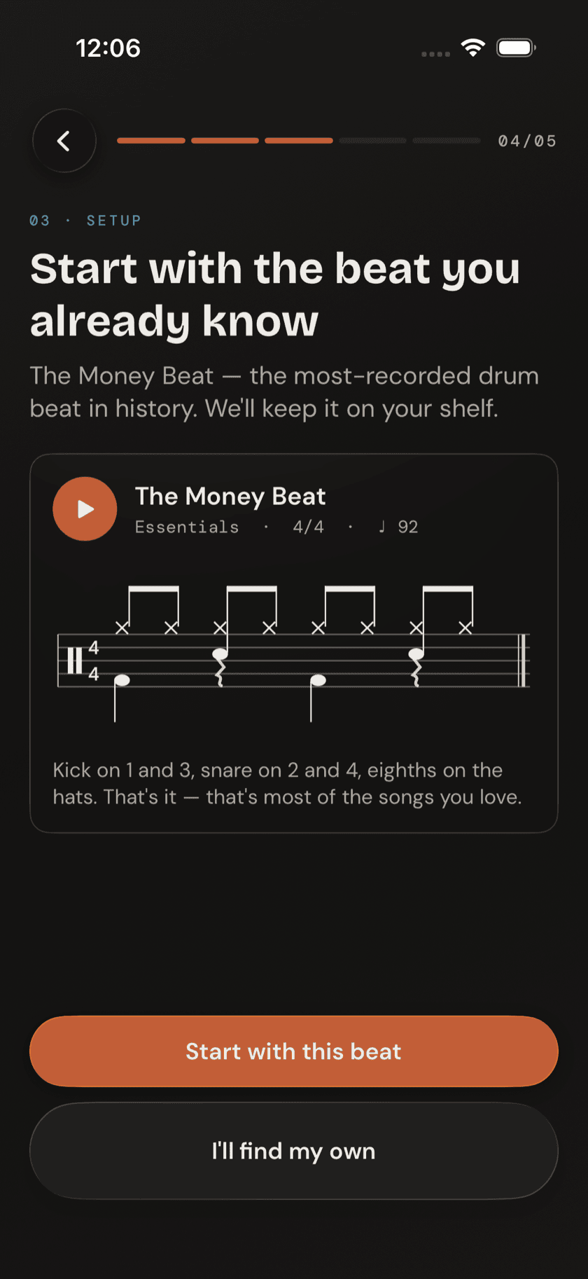 Onboarding First Groove screen, showing the Money Beat notation