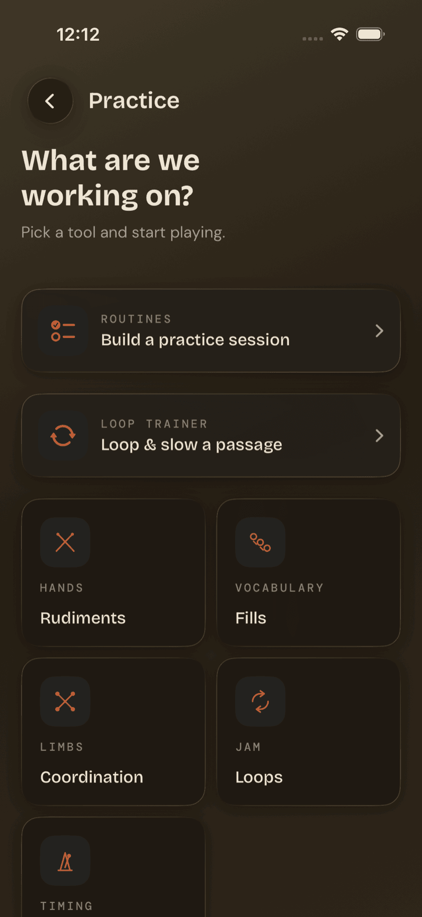 Practice Hub screen, showing the two featured cards and five-tile grid