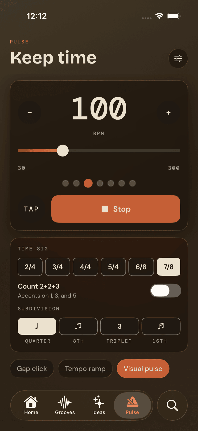Time-signature row with 7/8 selected and the Count 2+2+3 toggle visible