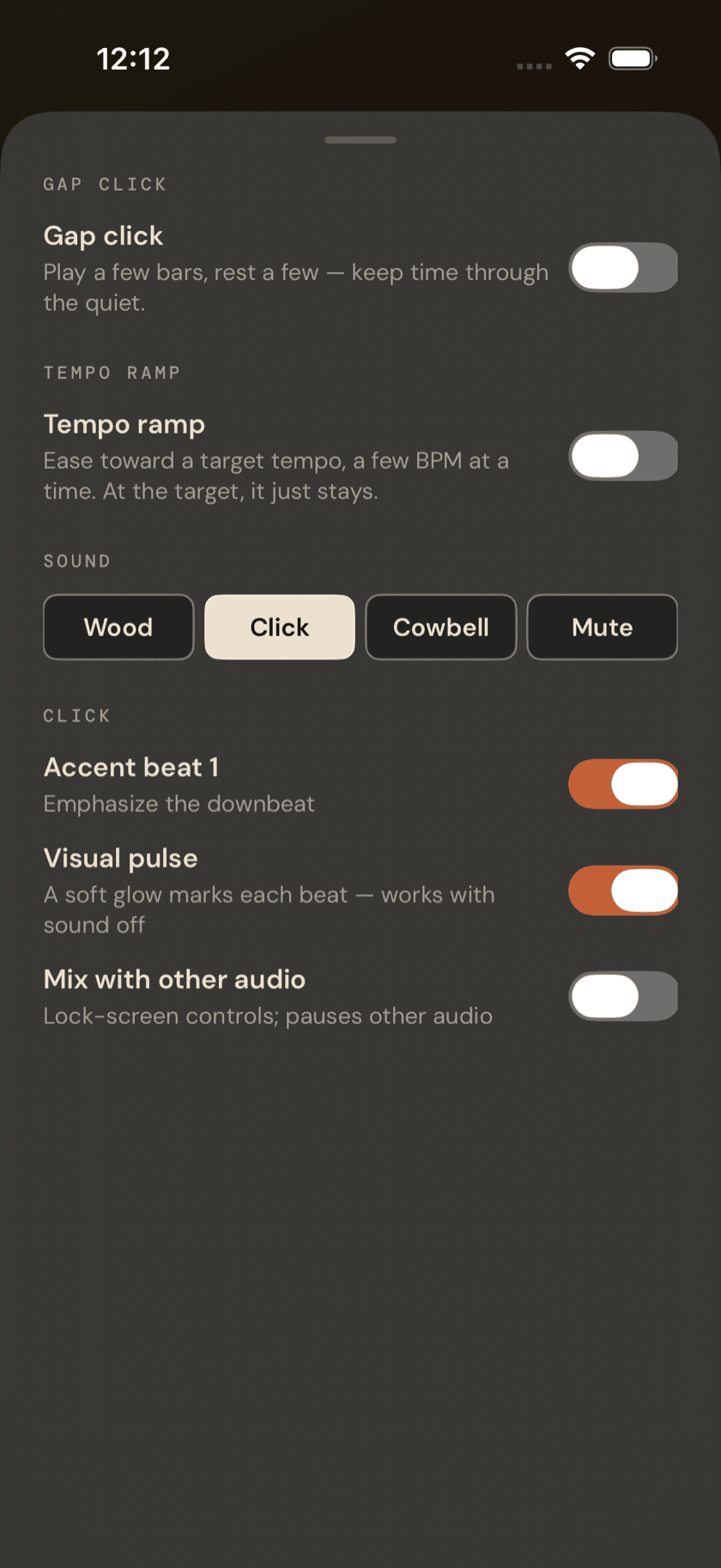 Metronome settings sheet with the Tempo ramp section expanded