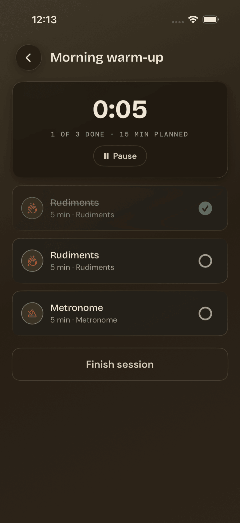Routine runner, mid-session, some steps checked, timer running
