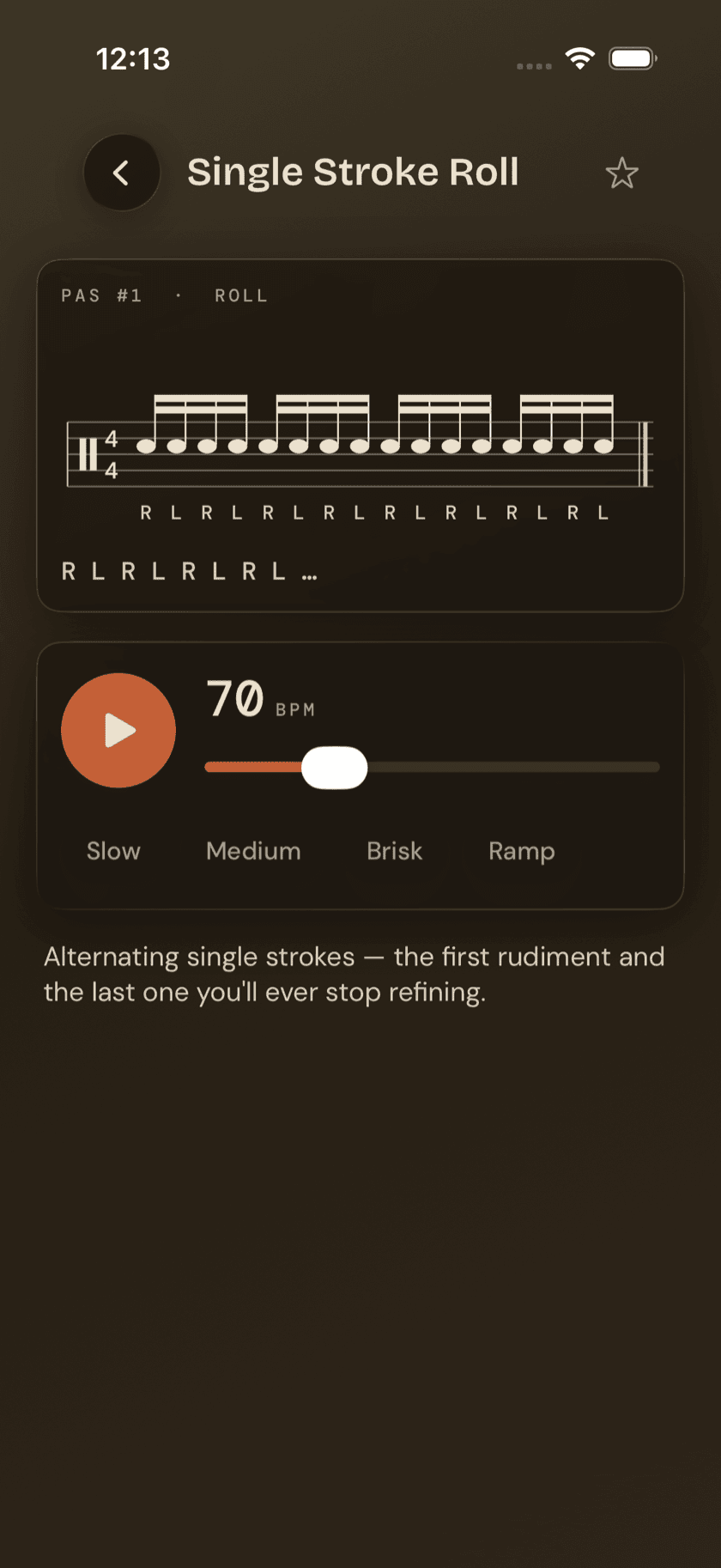 Rudiment detail page, notation, sticking line, and pace pills