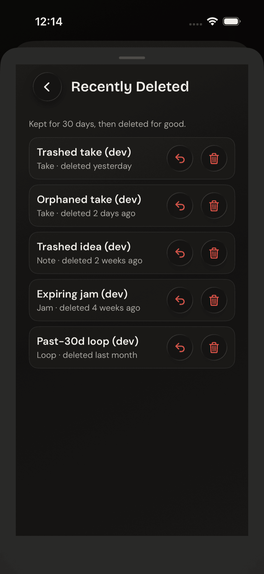 Drum Buddha Settings, Recently Deleted list