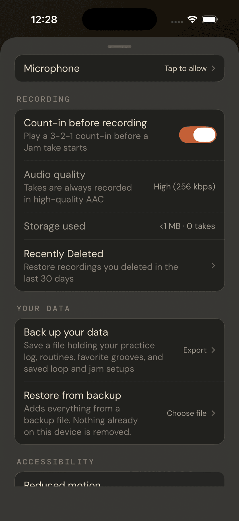 Drum Buddha Settings, Your data section, showing Back up your data and Restore from backup